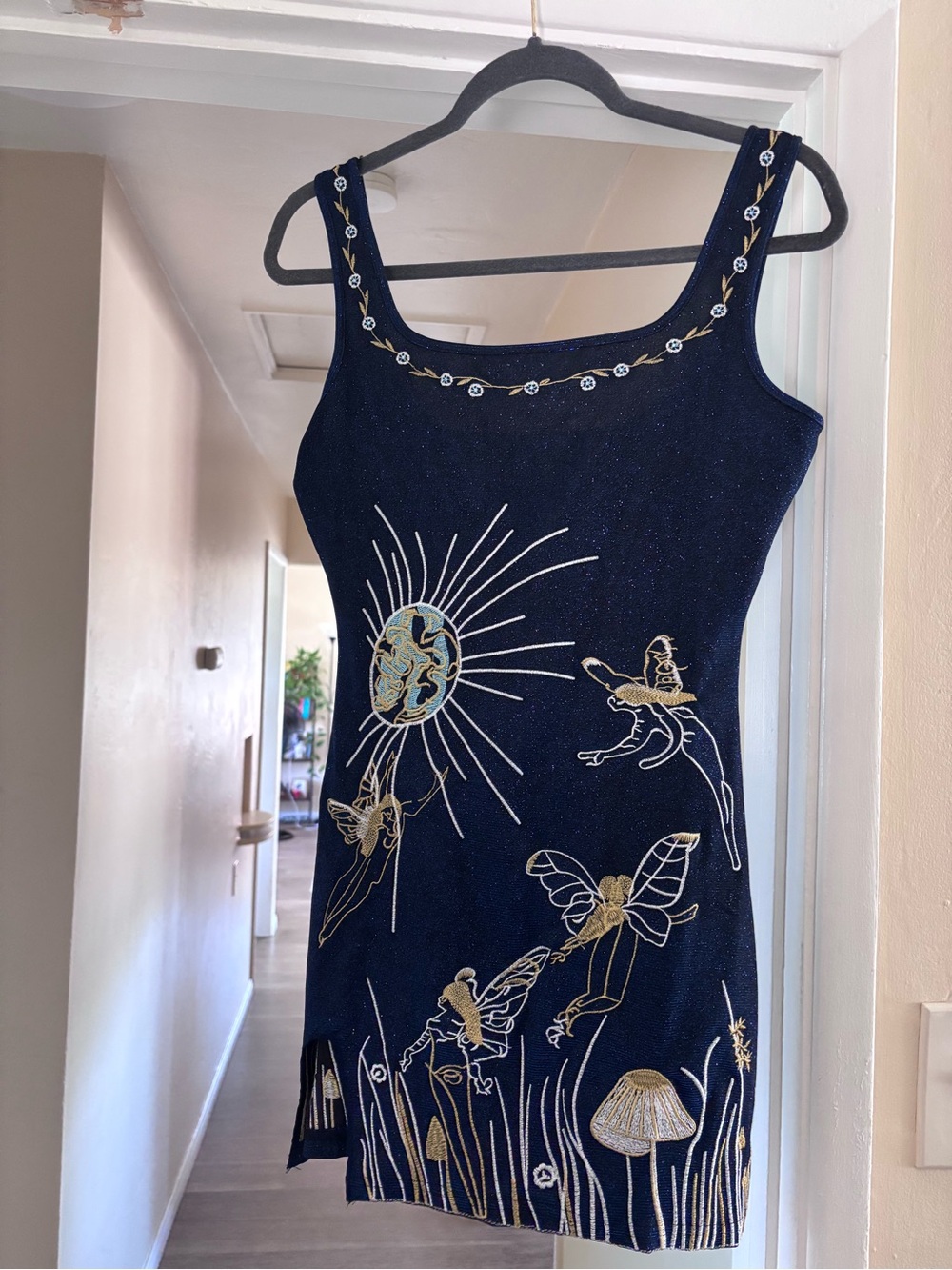 Embellished Navy Sleeveless Dress with Gold Detail